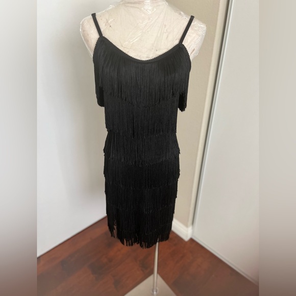 Black Latin Rhythm Practice Dance Dress with fringe. Size XS - Picture 3 of 11